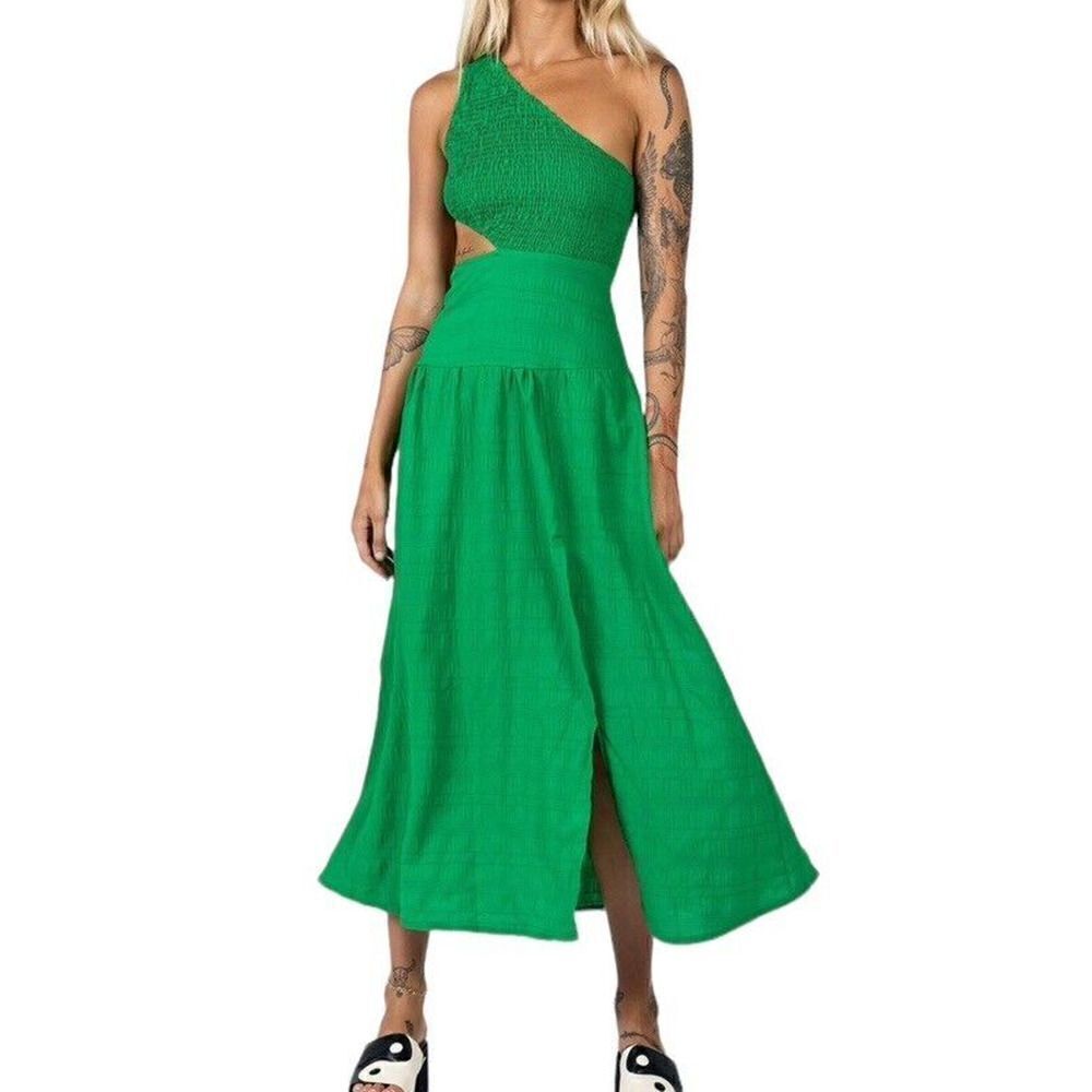Princess Polly Davina Dress Size 4 Green One Shoulder Side Cut Out Ruched Slit